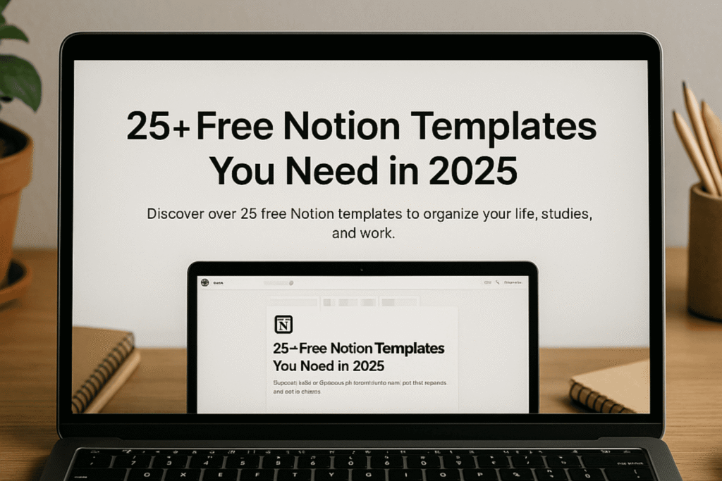 Laptop screen displaying “25+ Free Notion Templates You Need in 2025” with a cozy desk setup including notebook, plant, and coffee.