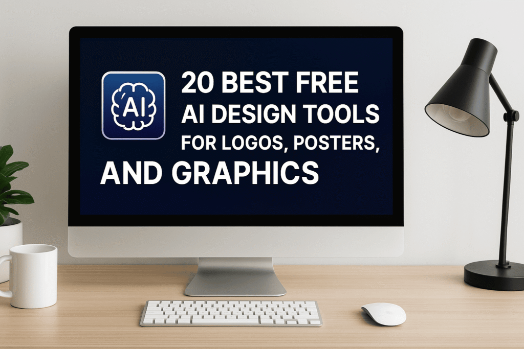 Laptop on a desk displaying AI design software with logos and poster mockups, surrounded by color swatches, pens, and a coffee mug.