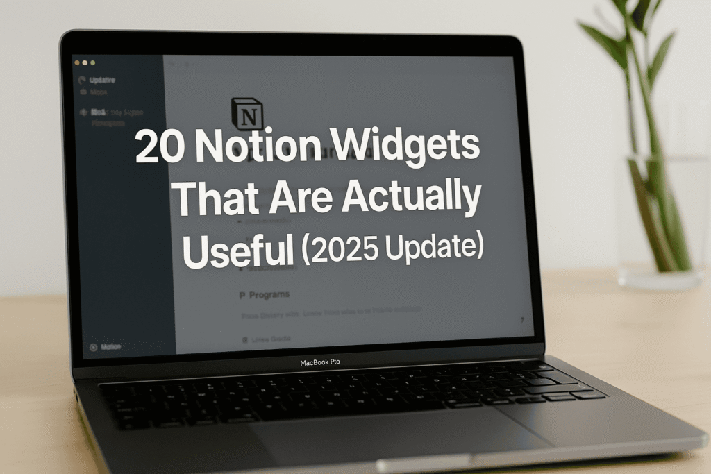 Laptop on desk showing Notion workspace with article title “20 Notion Widgets That Are Actually Useful (2025 Update)