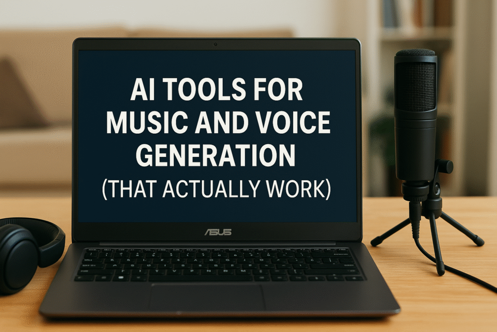 Laptop on a desk with audio editing software open, alongside a microphone, headphones, and a coffee mug. Text overlay reads “AI Tools for Music & Voice Generation 2025.