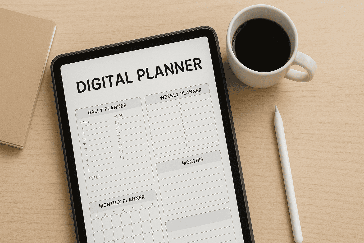 Tablet with free digital planner template on a desk beside coffee and notebook