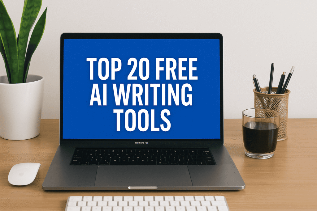 Laptop on a desk with AI writing software open, surrounded by a notebook, pen, coffee cup, and smartphone. Text overlay reads “Top 20 Free AI Writing Tools 2025.