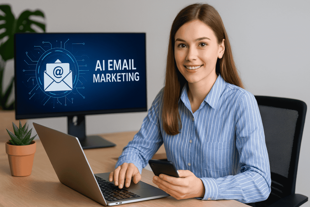 Laptop on a desk displaying an email marketing dashboard, with a smartphone, coffee mug, and notepad in view. Text overlay reads “AI Email Marketing Tools 2025.