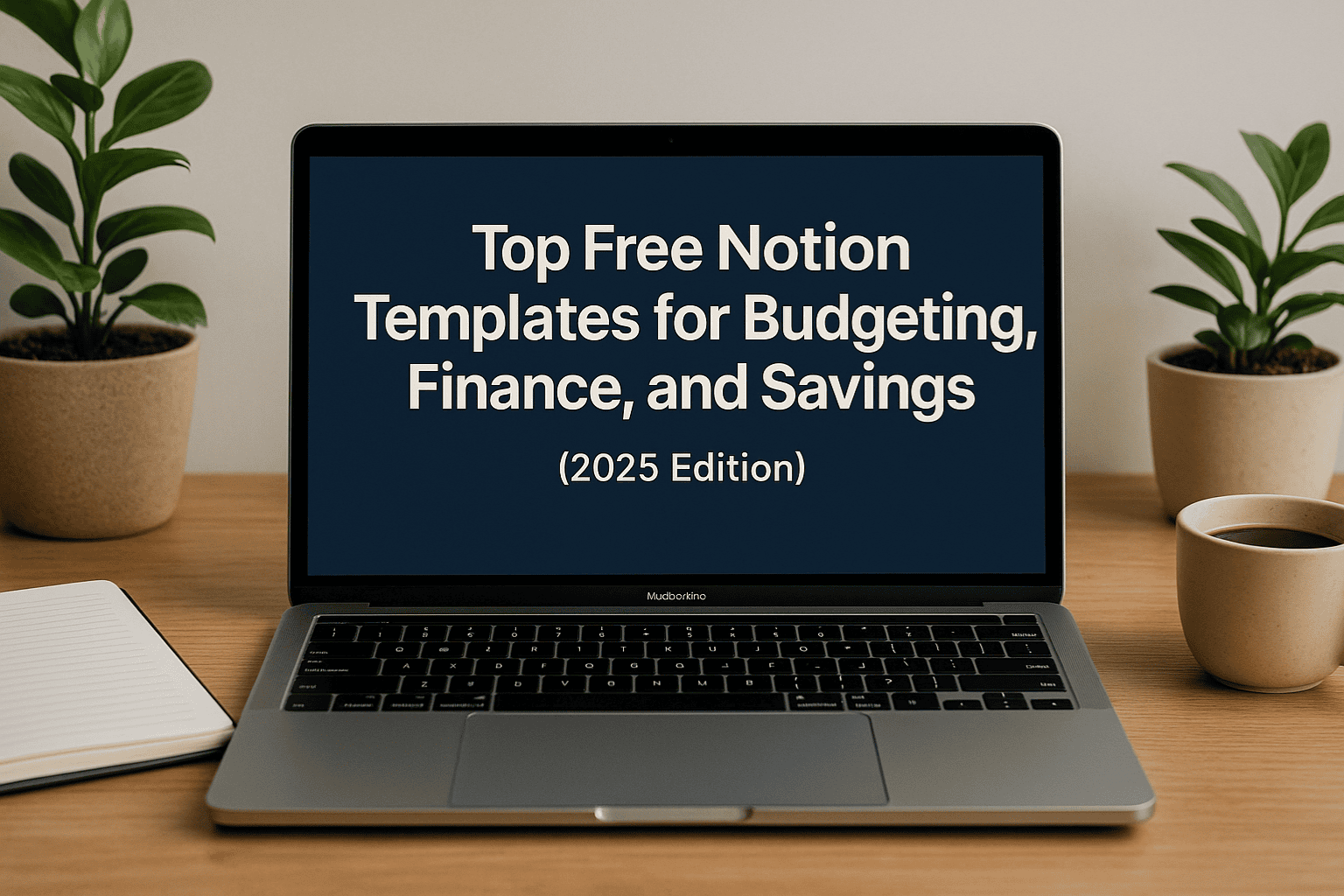 Laptop on a wooden desk displaying “Top Free Notion Templates for Budgeting, Finance, and Savings (2025 Edition)” with plants, coffee mug, and notebook.