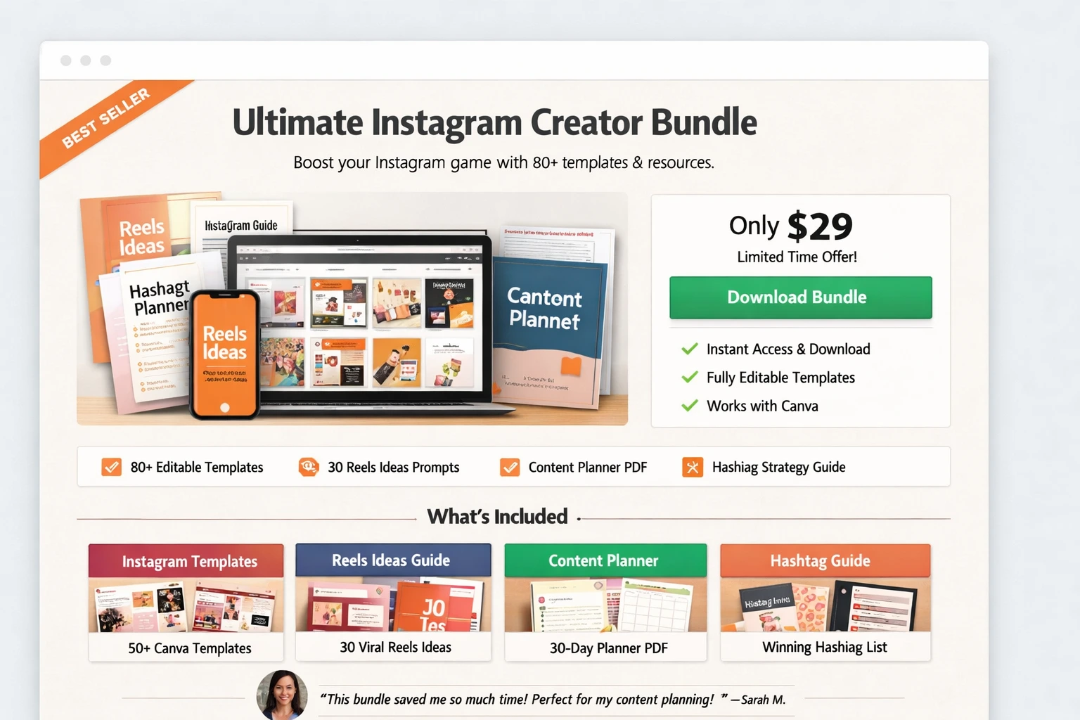 Digital bundle product page layout showing templates, planners, and digital assets on a product sales page