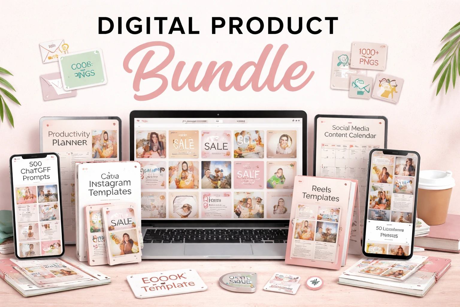 Digital product bundle mockup showing Canva templates, planners, AI prompts, and design assets on laptop and mobile screens