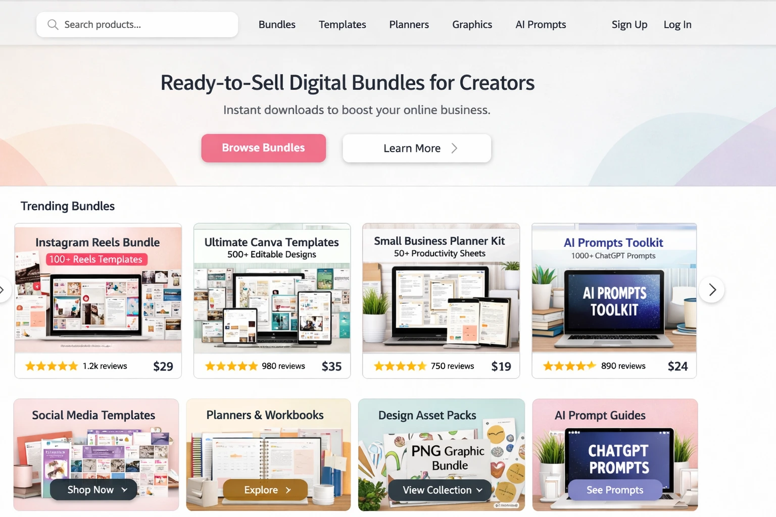 Example screenshot of a digital product marketplace showing bundles, templates, planners, graphics, and AI prompt libraries for creators