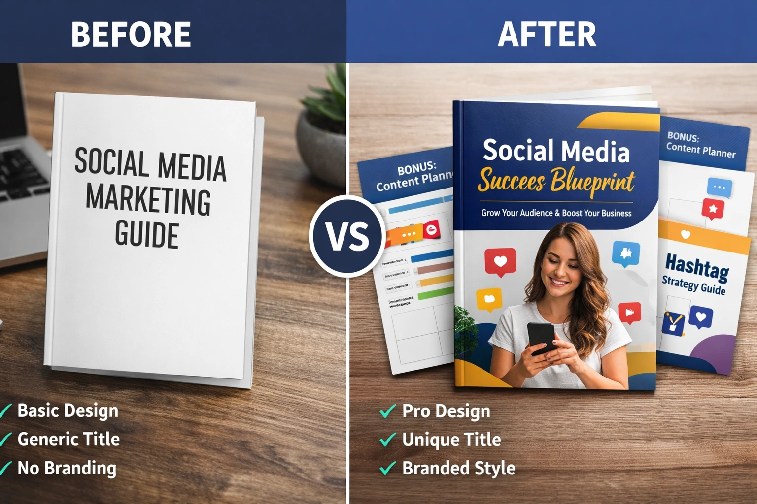before vs after visual showing a generic PLR ebook compared with a redesigned branded version