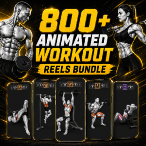 800 Workout Reels Bundle featuring animated gym fitness videos for personal trainers and social media marketing.
