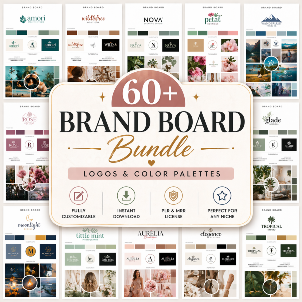 60+ Brand Board Templates Bundle Canva Branding Kit – Logo Design, Mood Board & Color Palette Templates (PLR & MRR)