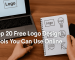 Laptop on a wooden desk with a notebook of logo sketches and text overlay “Top 20 Free Logo Design Tools You Can Use Online.